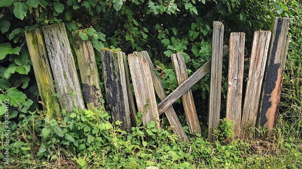 A broken section of an old fence with splintered wood and leaning posts A broken section of an old fence with splintered wood and leaning posts