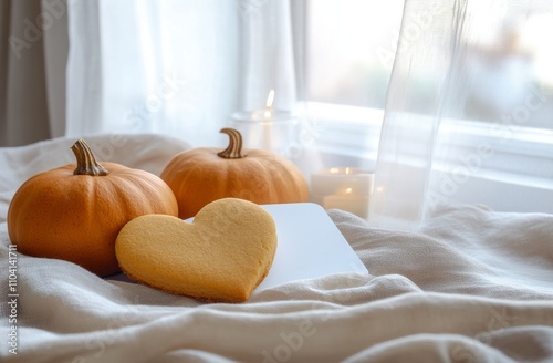 This autumn or Thanksgiving greeting blank place card is designed with a still life of orange pumpkins, gingerbread hearts sweet cookies, brown candle, twine on a tablecraft background to mimic the photo