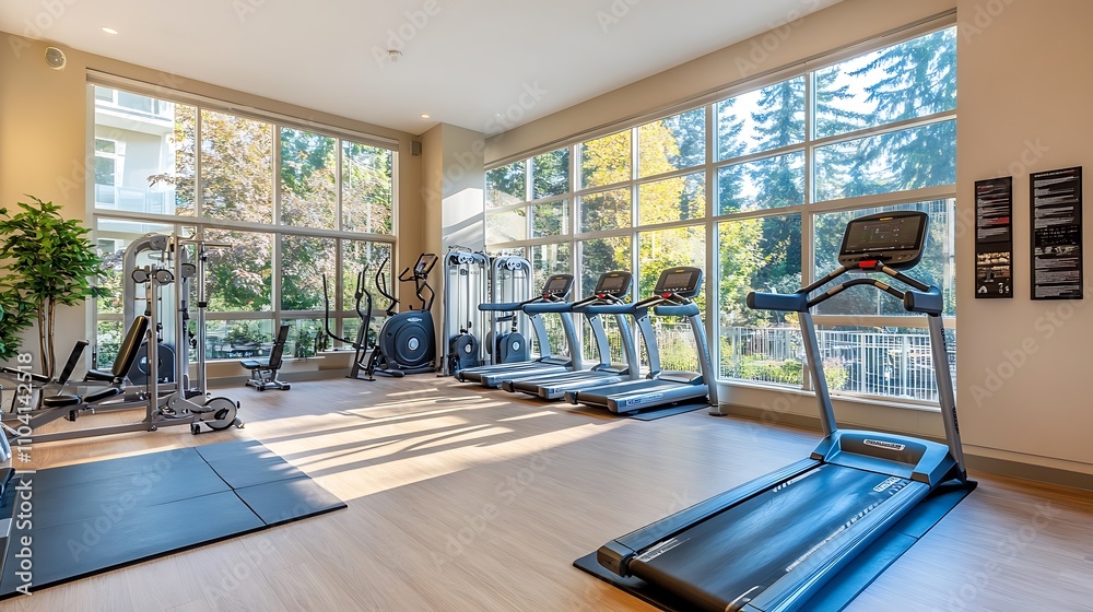 A contemporary condo gym with large windows, exercise equipment, and a clean layout