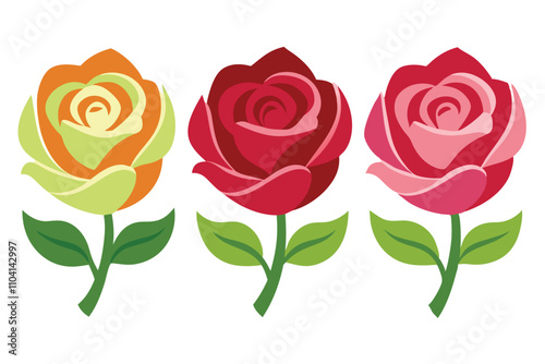 stylized roses in red, pink, and red-pink, perfect for Valentine's Day.