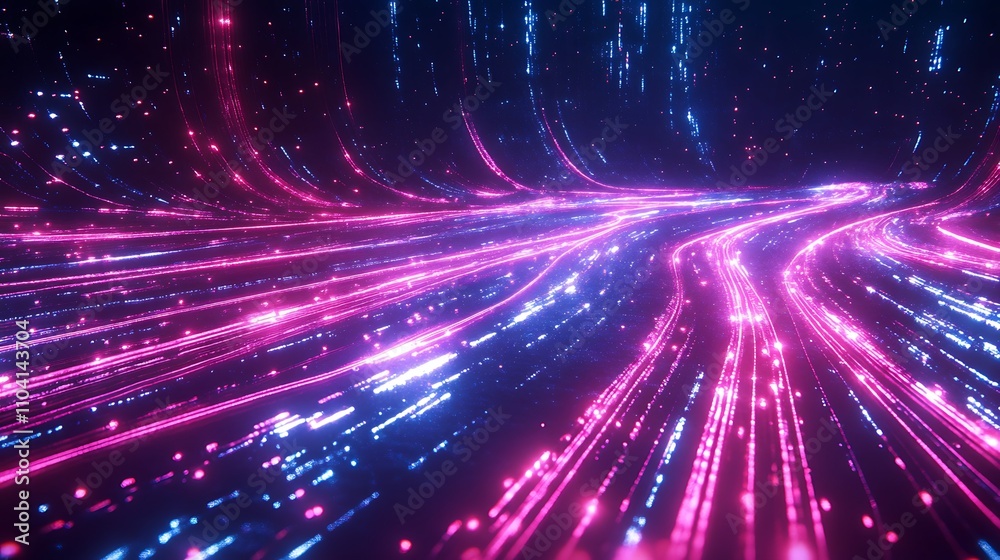 Fototapeta premium Abstract digital landscape with glowing lines and particles creating a dynamic flow.
