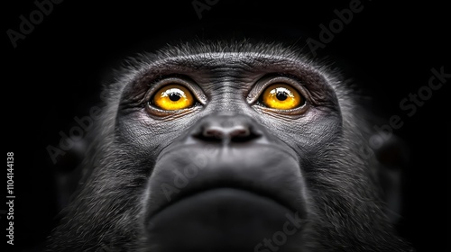   a close up of a chimpanzee's face with yellow eyes against a black background