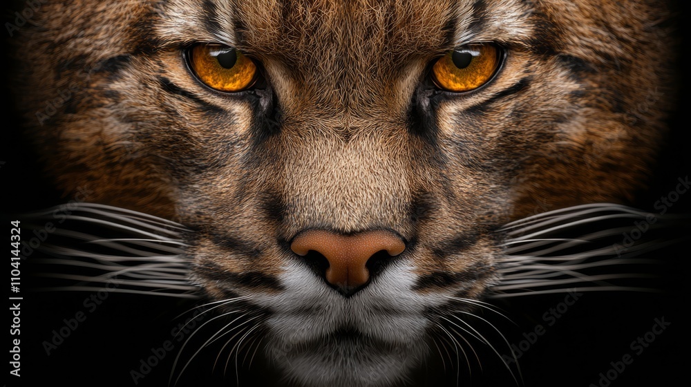 Obraz premium a close up of a lynx's face with yellow eyes against a black background