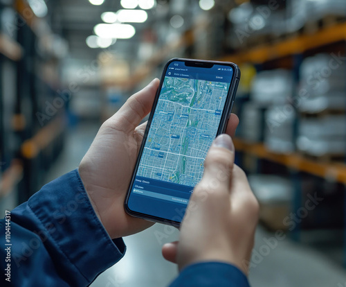 Map app on smartphone in industrial warehouse setting