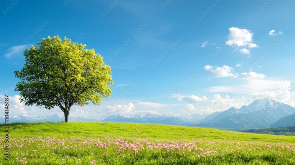a lone tree in the middle of a lush green field with pink flowers, surrounded by trees and mountains in the background The sky is filled with white, fluffy clouds, a lone tree in the middle of a lush green field with pink flowers, surrounded by trees and mountains in the background The sky is filled with white, fluffy clouds,