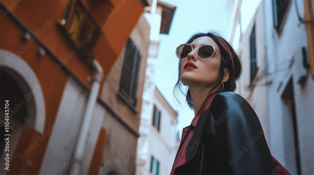 Obraz premium Stylish woman wearing sunglasses on Italian street, retro and chic atmosphere 
