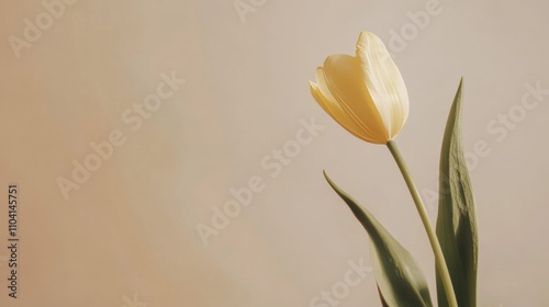 A lone pastel yellow tulip isolated against a light beige background, close-up shot, Minimalist style