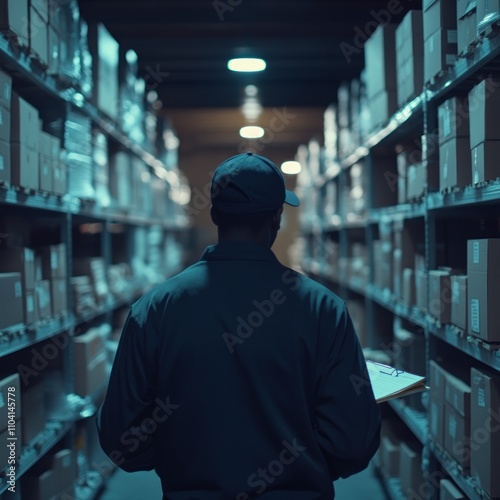 Warehouse employee with a clipboard in storage aisle.