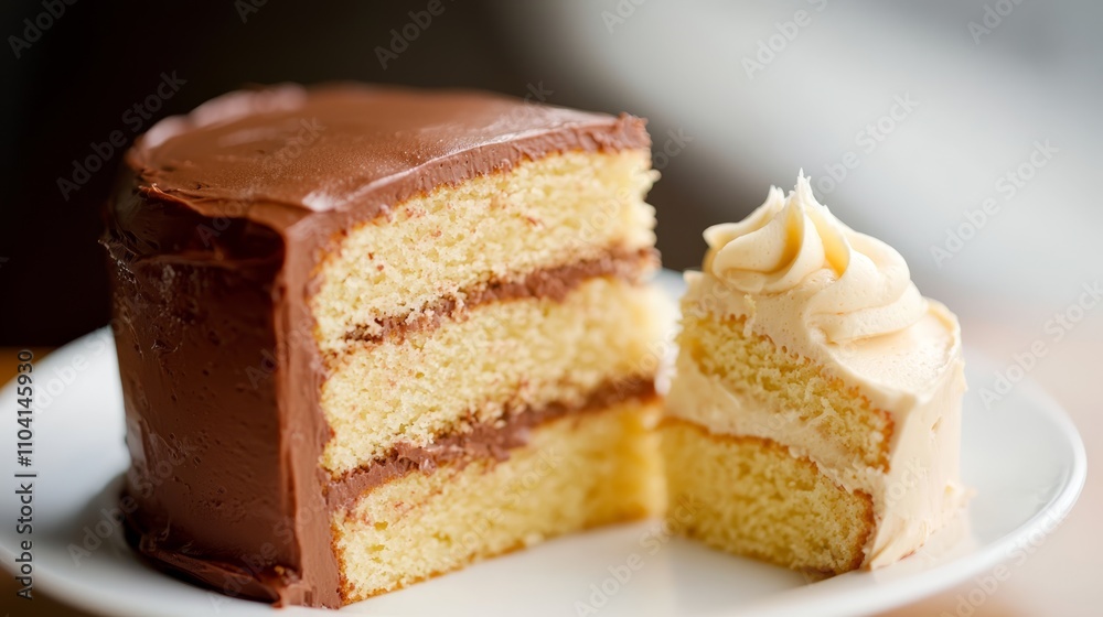 a slice of yellow cake with chocolate frosting on a white plate, with a blurred background The cake looks moist and fluffy, and the frosting is a rich, dark brown a slice of yellow cake with chocolate frosting on a white plate, with a blurred background The cake looks moist and fluffy, and the frosting is a rich, dark brown