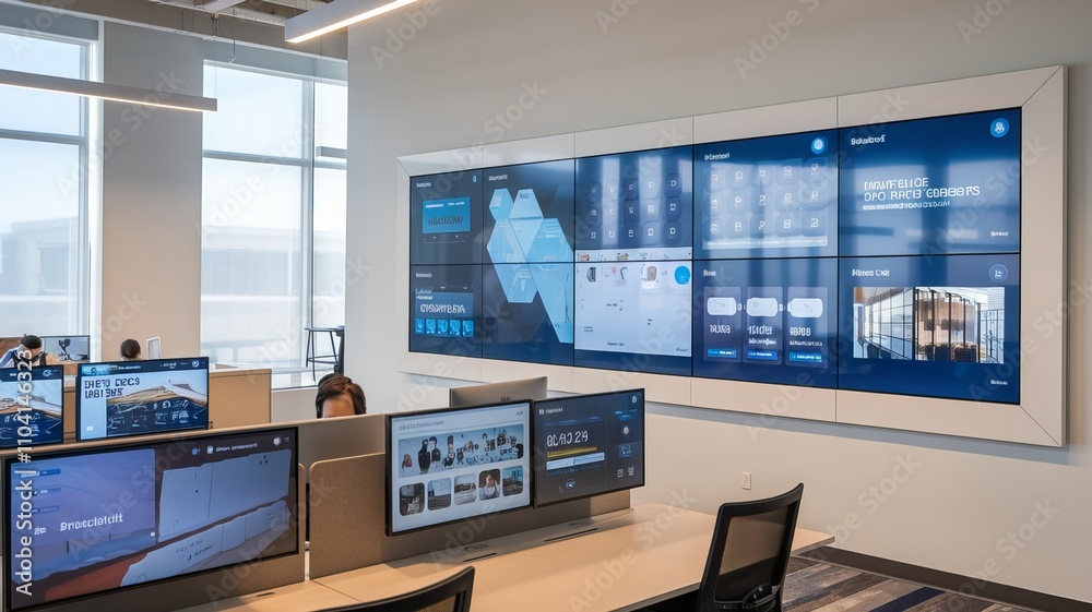A photo of a modern office space with innovative display solutions. There is a large touch screen display wall with multiple screens Ai Generated A photo of a modern office space with innovative display solutions. There is a large touch screen display wall with multiple screens Ai Generated