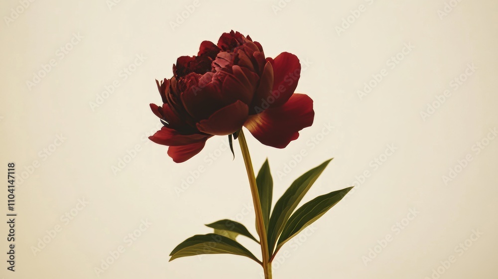 A lone rich burgundy peony isolated against a light beige background, close-up shot, Minimalist style