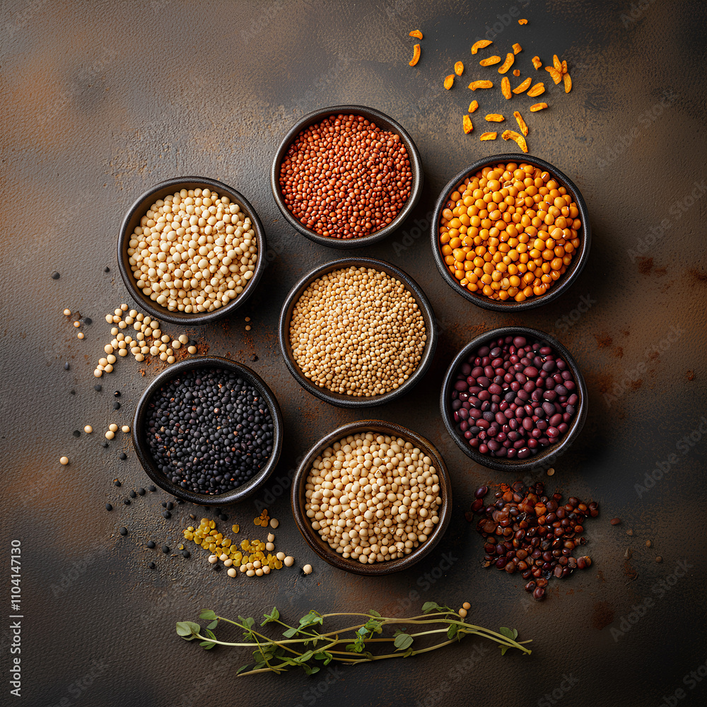 Assorted Grains and Legumes in Bowls - Healthy and Natural Ingredients Display Assorted Grains and Legumes in Bowls - Healthy and Natural Ingredients Display