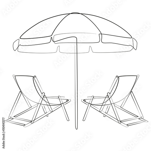 Sunbeds and umbrella line art. Beach umbrella and two chairs. Continuous one line drawing of beach sun beds. Travel summer seaside hand drawn. Illustration line vector. Tourism and vacation concept.