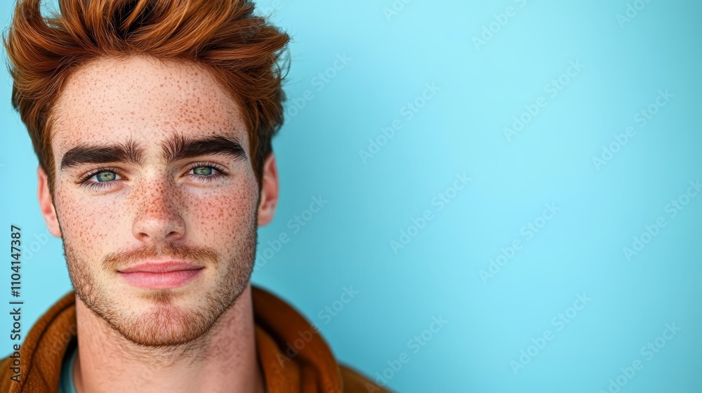 a man with red hair and freckles wearing a brown jacket against a blue background a man with red hair and freckles wearing a brown jacket against a blue background