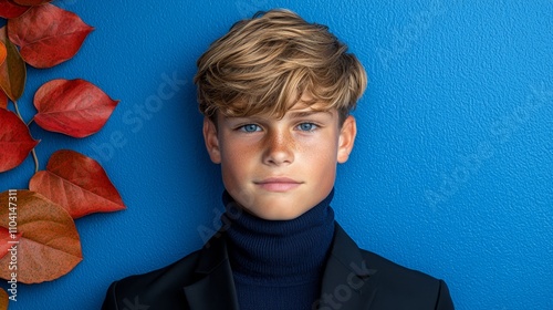  a young boy in a black suit and turtle neck sweater standing in front of a blue wall with leaves on the left side photo