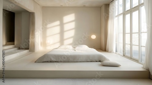 A minimalist bedroom with a low platform bed, monochromatic decor, and clean lines photo