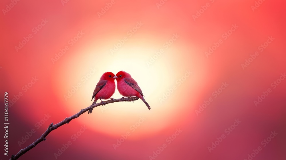 Obraz premium two red birds perched atop a tree branch against a backdrop of a beautiful sunset The birds are vibrant and the colors of the sky are a mix of oranges, pinks, and