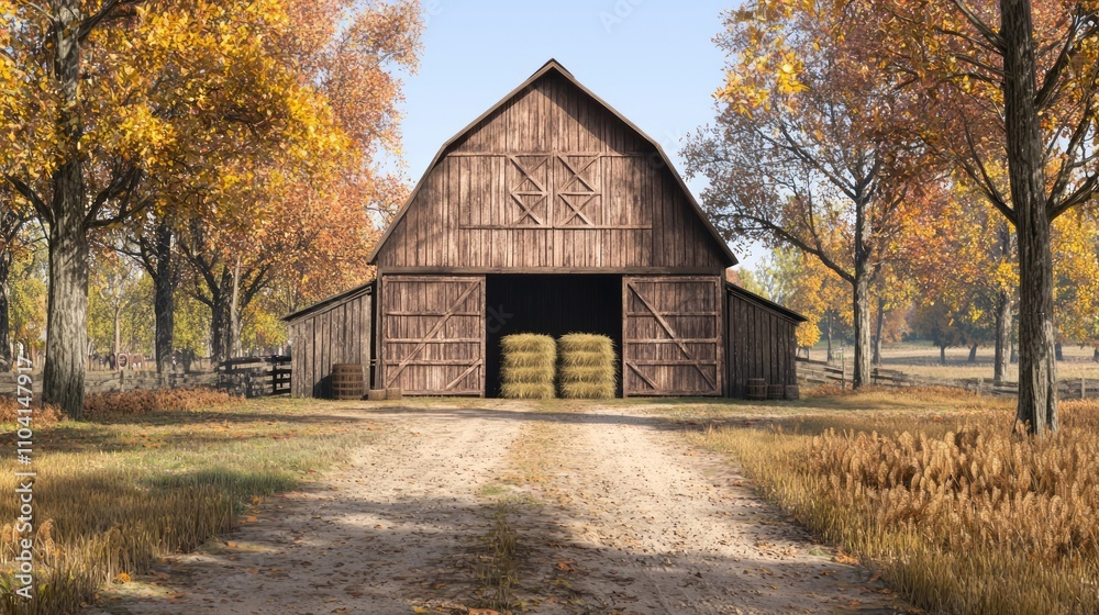 Rustic Wooden Barn in Autumn Setting with Stacks of Hay - Ultra-Detailed 3D Illustration Rustic Wooden Barn in Autumn Setting with Stacks of Hay - Ultra-Detailed 3D Illustration