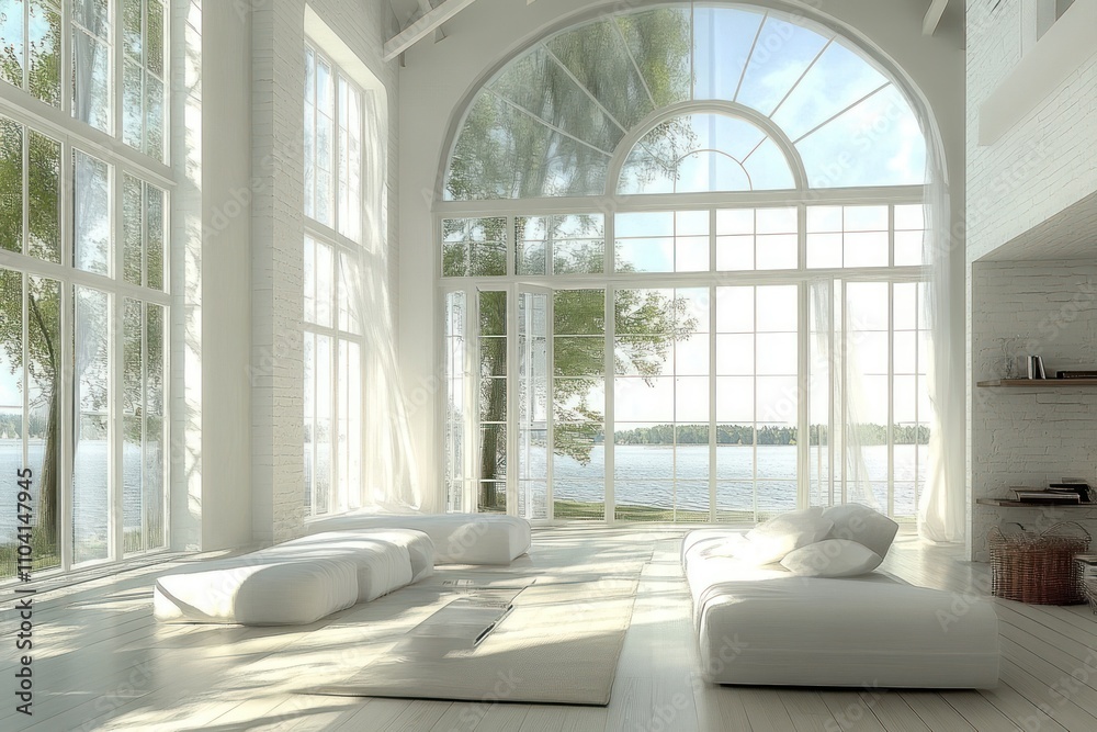 Minimalist living room with large windows overlooking a lake. Minimalist living room with large windows overlooking a lake.