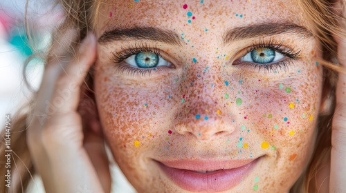  a woman with freckles on her face and blue eyes, her face is in focus while the background is blurred