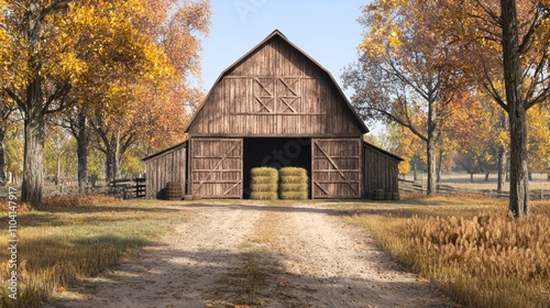 Rustic Wooden Barn in Autumn Setting with Stacks of Hay - Ultra-Detailed 3D Illustration