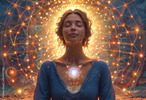 Woman in meditation experiencing heart opening, activation, awakening, enlightenment, samadhi, connection to divine, oneness. Cosmic yoga practice, connection to higher self, love, light.    photo