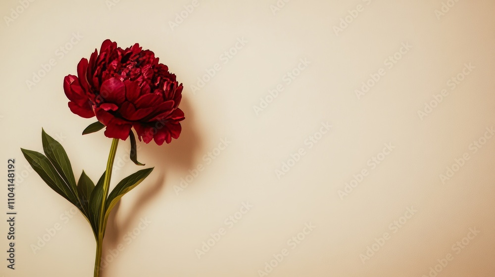 Fototapeta premium A lone rich cherry peony isolated against a light beige background, close-up shot, Minimalist style