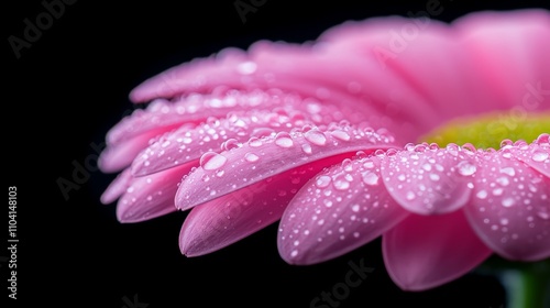  a pink daisy with water droplets glistening on its petals, set against a dark background