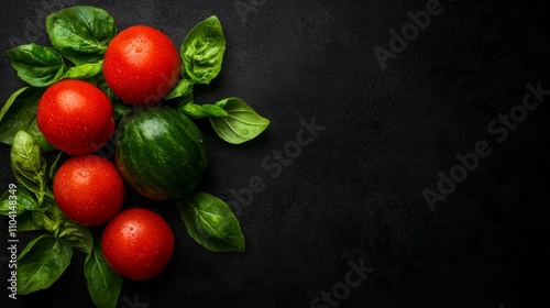  a variety of fresh tomatoes and basil leaves on a black background The tomatoes are a bright red color and the basil leaves are a vibrant green The contrast betwe photo