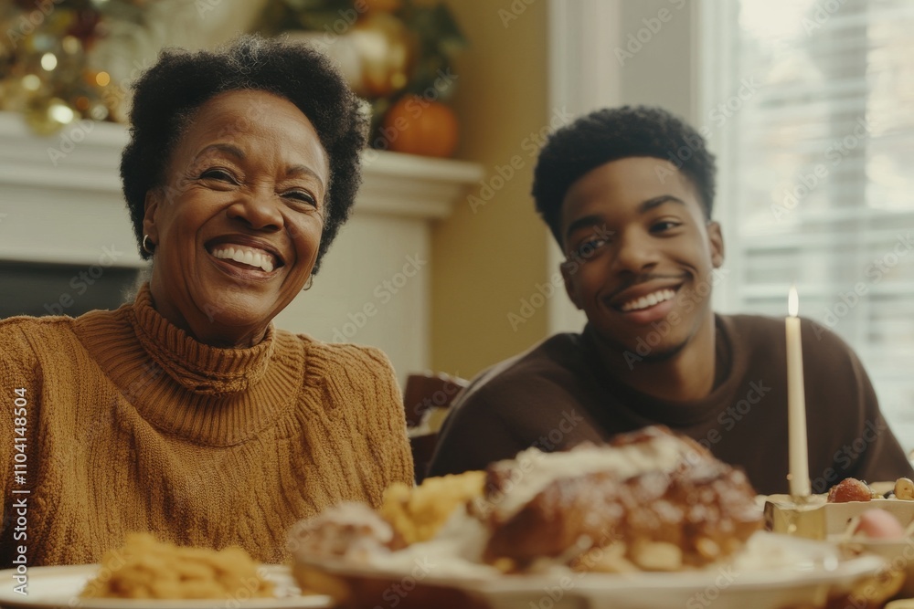 The dining room table is crowded with a multigenerational black family having Thanksgiving dinner together The dining room table is crowded with a multigenerational black family having Thanksgiving dinner together