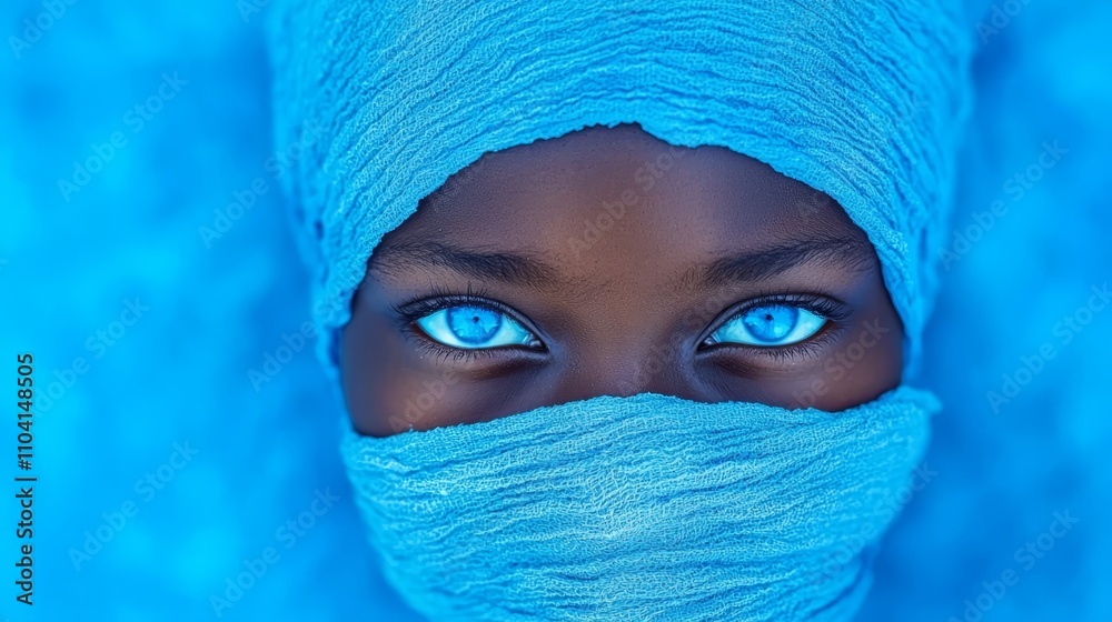 a woman with blue eyes wrapped in a blue cloth, her face partially obscured by the cloth The background is a deep blue color, giving the image a mysterious and cap a woman with blue eyes wrapped in a blue cloth, her face partially obscured by the cloth The background is a deep blue color, giving the image a mysterious and cap