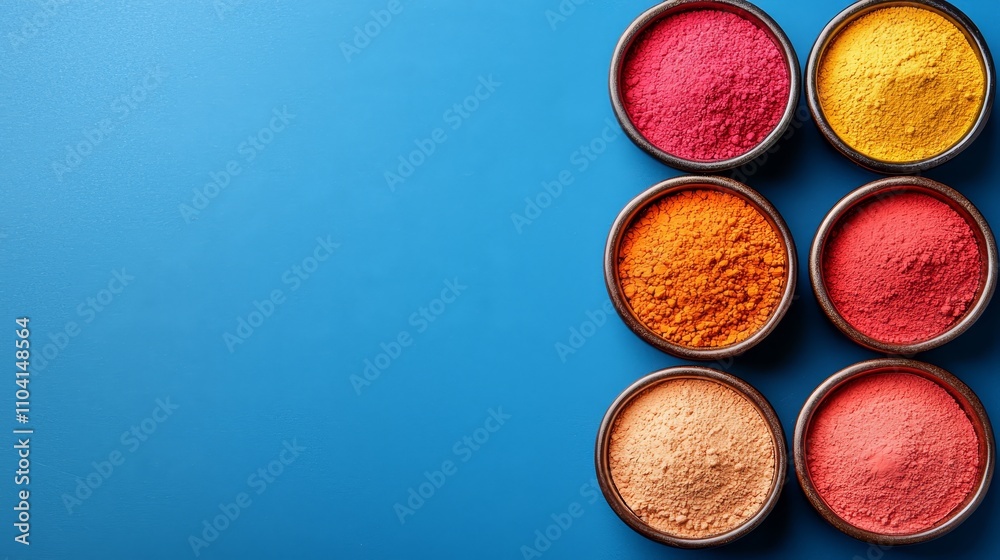 a row of bowls filled with different colored powders on a blue background The powders are arranged in a neat row, and the vibrant colors of the powders stand out a a row of bowls filled with different colored powders on a blue background The powders are arranged in a neat row, and the vibrant colors of the powders stand out a
