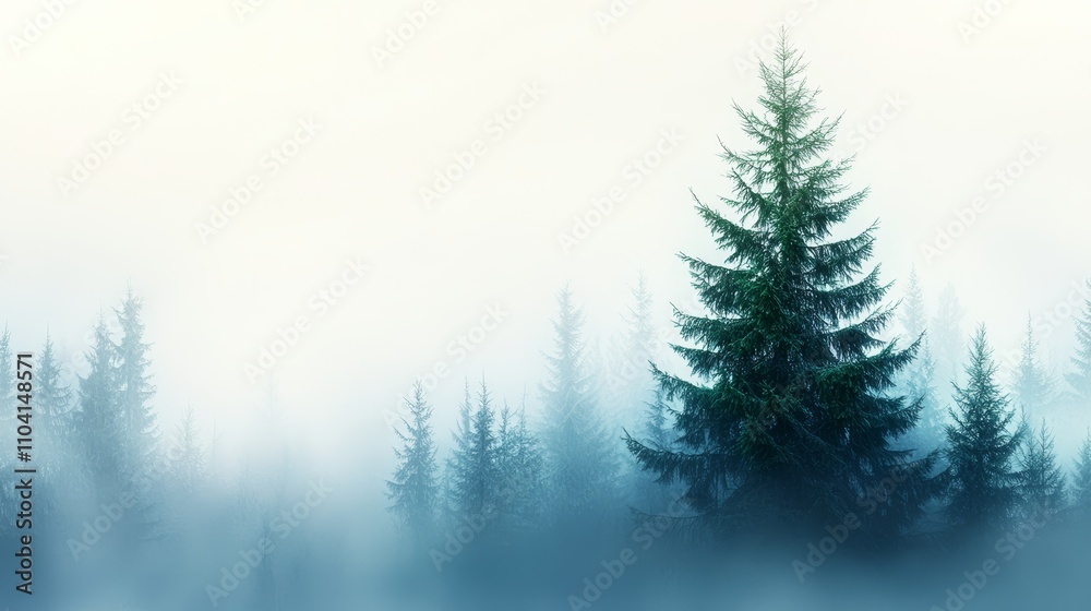 Fototapeta premium a lone pine tree standing in the middle of a foggy forest, with a white background The resolution of the image is 1920x1080, making it suitable for use as a deskto