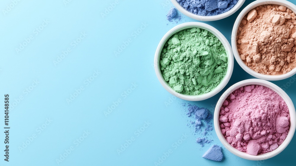 four bowls filled with different colored powders on a blue background The powders appear to be a variety of colors, ranging from light to dark The bowls are arran four bowls filled with different colored powders on a blue background The powders appear to be a variety of colors, ranging from light to dark The bowls are arran