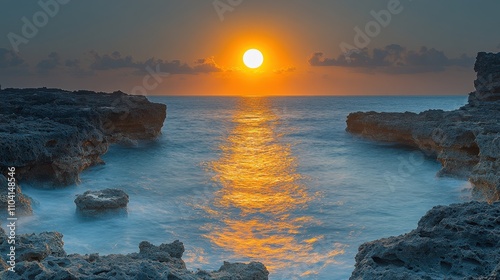 A serene sunset over the ocean, reflecting golden hues on the water's surface.