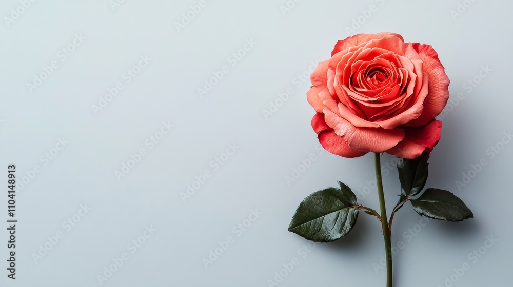 Fototapeta premium A lone rich coral rose isolated against a light grey background, close-up shot, Minimalist style