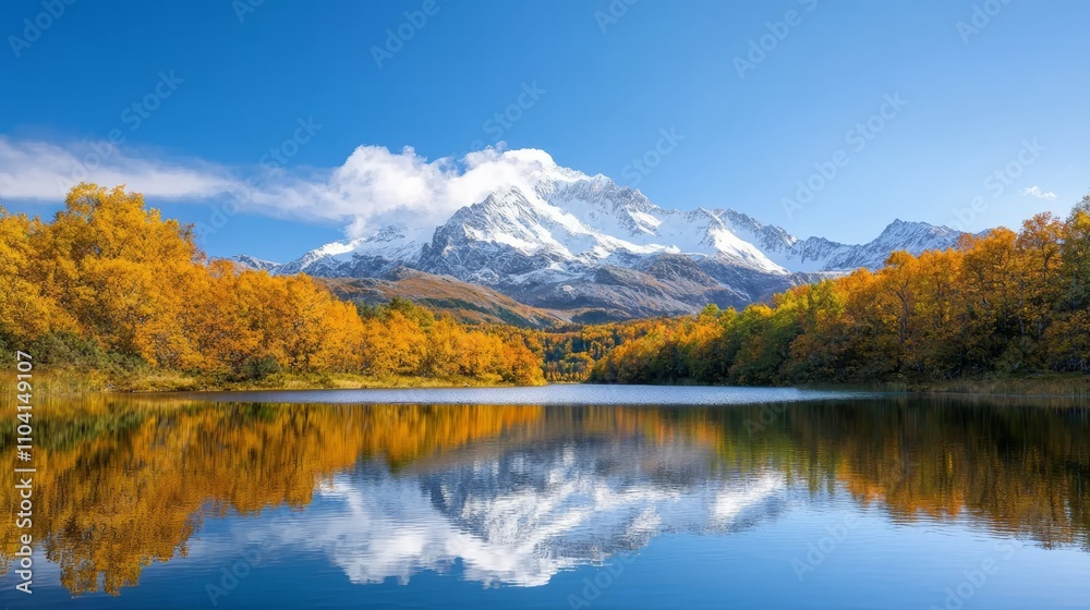 a lake surrounded by trees with their leaves changing to vibrant shades of red, orange, and yellow, reflecting the snow-capped mountains in the background The sky a lake surrounded by trees with their leaves changing to vibrant shades of red, orange, and yellow, reflecting the snow-capped mountains in the background The sky