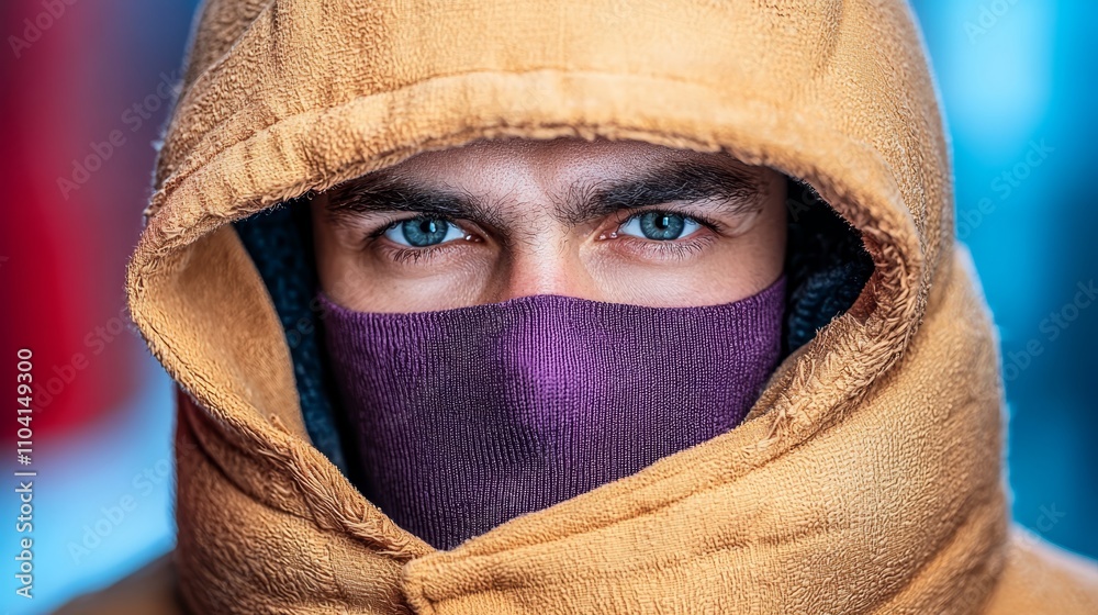 a man wearing a brown hoodie and a purple face mask, with a blurred background a man wearing a brown hoodie and a purple face mask, with a blurred background