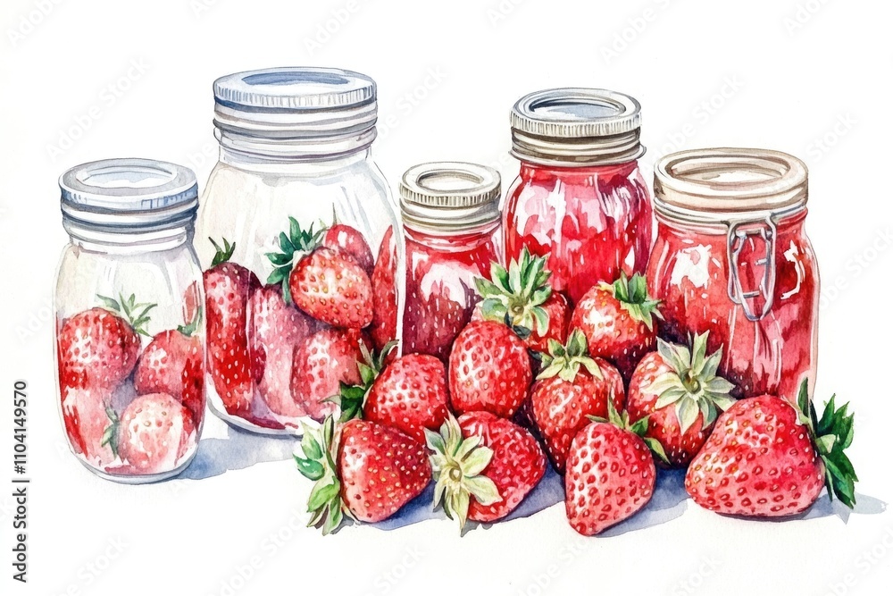 Fresh strawberries preserved in glass jars, perfect for baking or decoration Fresh strawberries preserved in glass jars, perfect for baking or decoration