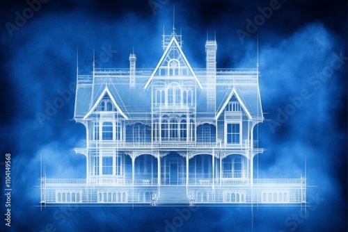 A blueprint of a mysterious gothic mansion, with shadowy lines and eerie annotations written in a dramatic style photo