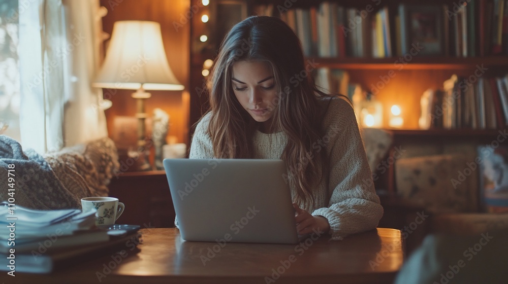 Young woman using laptop in cozy library setting. Young woman using laptop in cozy library setting.
