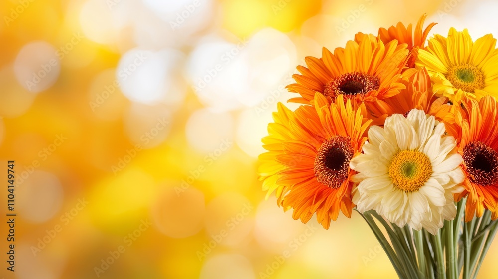 a vase filled with vibrant orange and white gerbera daisies on top of a table, with a blurred background a vase filled with vibrant orange and white gerbera daisies on top of a table, with a blurred background