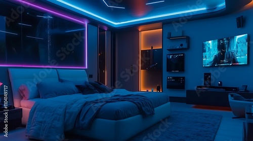 A smart home bedroom with adjustable lighting, a digital assistant, and a high-tech entertainment system