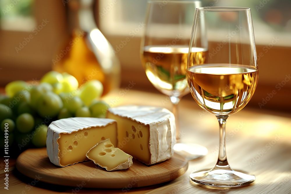 A cozy setting featuring cheese, grapes, and wine glasses, perfect for a relaxing gathering. A cozy setting featuring cheese, grapes, and wine glasses, perfect for a relaxing gathering.