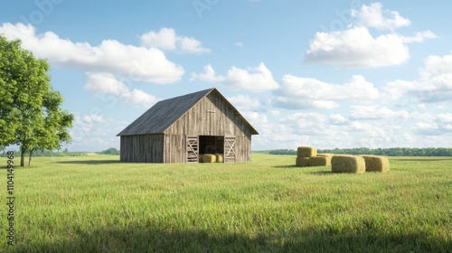 Rustic Wooden Barn with Hay Bales and Firewood in Sunlit Serenity - Ultra-Detailed Farm Landscape