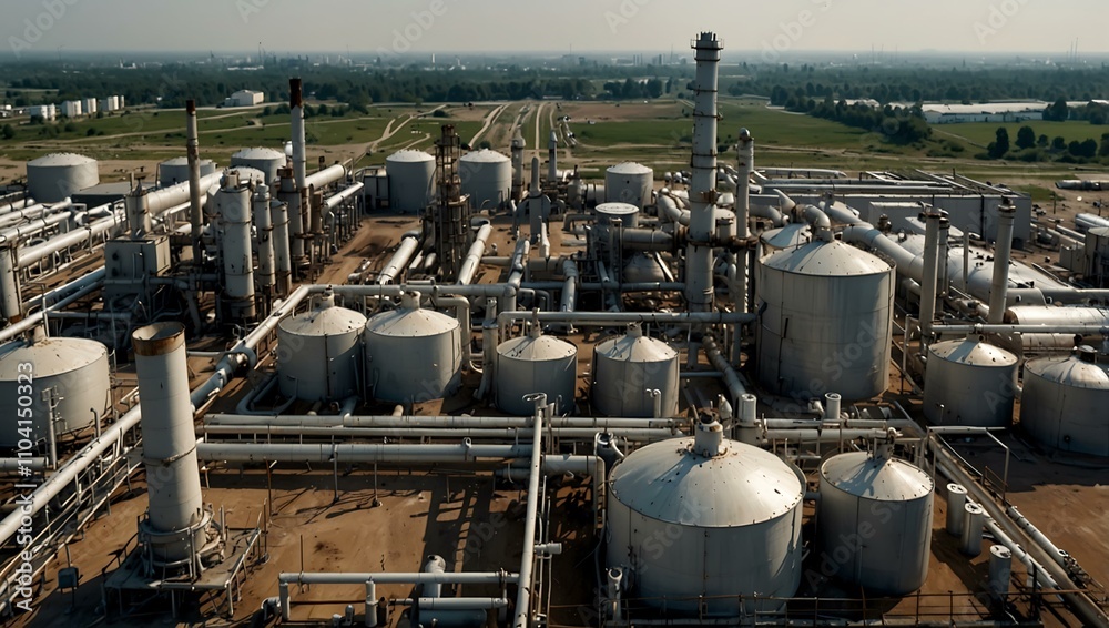 Aerial view of an oil refinery with tanks and pipelines.