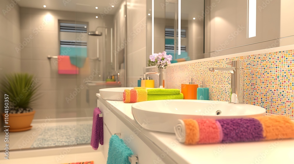 A family bathroom with dual sinks, colorful towels, and a cheerful decor theme