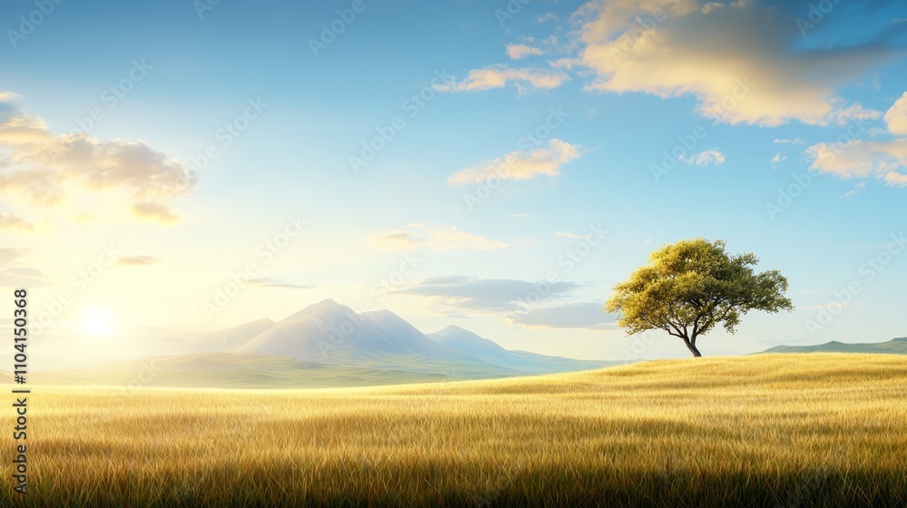 a lone tree in the middle of a wheat field, surrounded by lush green grass and rolling hills in the background The sky is filled with white, fluffy clouds and the a lone tree in the middle of a wheat field, surrounded by lush green grass and rolling hills in the background The sky is filled with white, fluffy clouds and the