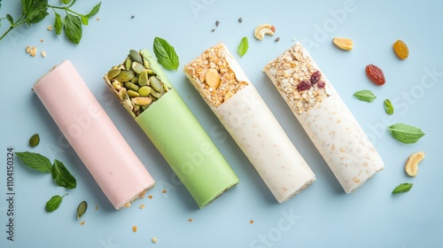 Colorful rolled snacks with various fillings, arranged neatly against a light blue background, garnished with herbs and nuts.