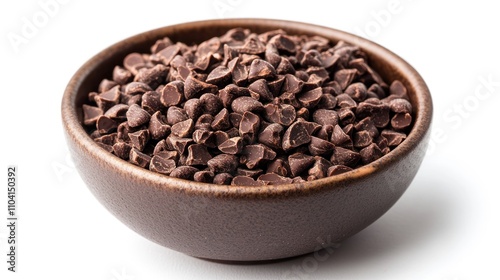 Brown bowl filled with dark chocolate chips.